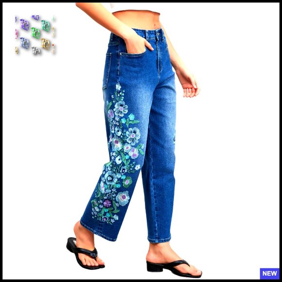 Straight Leg Cropped Jeans Mid Rise Floral Print Boho Casual Denim Ankle Pants